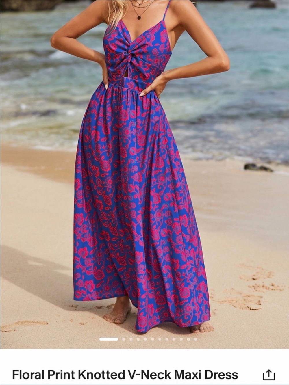 Cupshe Floral Print Knotted V-Neck Maxi Dress - Blue & Pink
